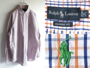 希少 90s-00sビンテージ Ralph Lauren ラルフローレン CLASSIC FIT ポロポニーロゴ刺繍 チェックBDシャツ 16 オレンジ ネイビー USA企画