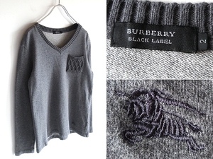 BURBERRY BLACK LABEL バーバリーブラックレーベル ホースロゴ刺繍 ニットポケット Vネック ライトスウェット トレーナー 2 チャコール