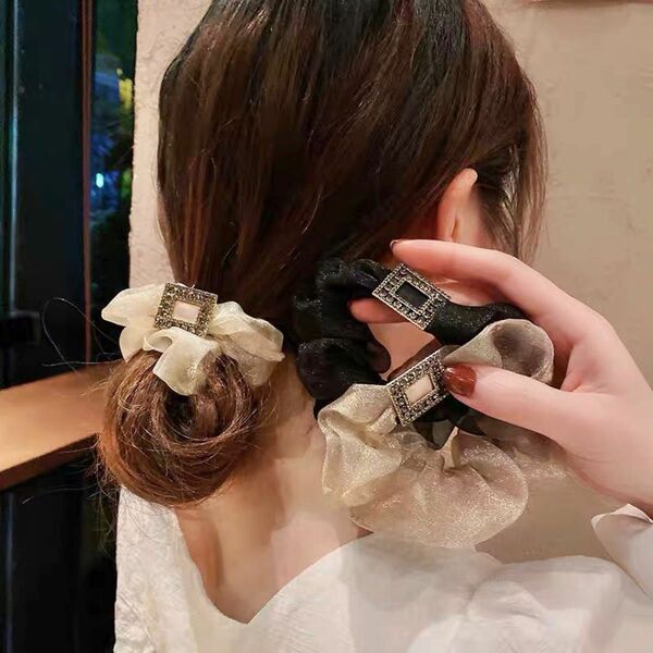 ヘアゴム　ヘアアクセサリー　新品　 バレッタ おしゃれヘアロープ ガーゼラインストーンアクセサリー