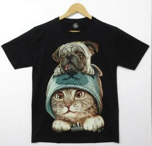 送料無料/新品 Caballo 半袖Tシャツ かわいいパグ 三毛猫 犬＆猫 コラボデザイン メンズLサイズ レディースXLサイズ男女兼用 ■L18160SSA18