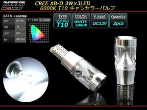 キャンセラー内蔵 T10 LEDバルブ CREE XB-D 3W×3 拡散型 円錐リフレクター ホワイト 6000K ウエッジ球 2個セット E-124