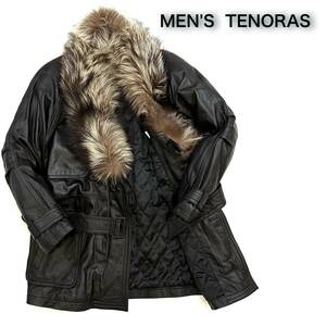 希少!!当時物 MENS TENORAS 羊革 フォックスファー 毛皮 ラムレザー 中綿入り コート(M)ブラック 黒 メンズ アウター メンズティノラス