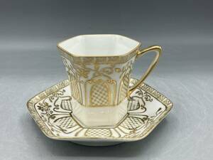  Old Noritake cup & saucer flower hexagon gold point . gold paint ceramics Noritake * hand ..M seal (No.12)