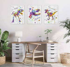 Art hand Auction 3 Piece Set Art Panel Painting Dinosaur Art Interior Wall Hanging Poster Feng Shui Art Art Board Canvas Art, artwork, painting, others