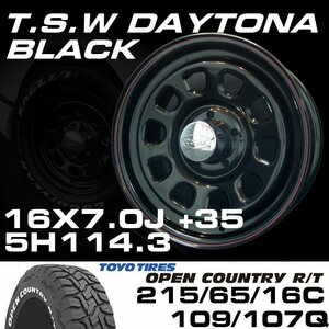 TSW DAYTONA ブラック 16X7J+35 5穴114.3 TOYO OPEN COUNTRY R/T 215/65R16C ホワイトレター　ハイエース100系や152系ハイラックスなどに！