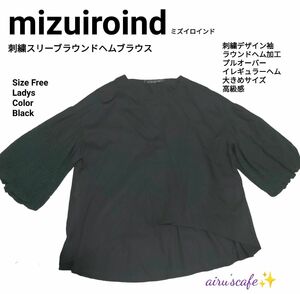 mizuiroind　ミズイロインド　長袖刺繍入り ブラウス サイズF　黒 トップス　ブラック　ラウンドカット　プルオーバー