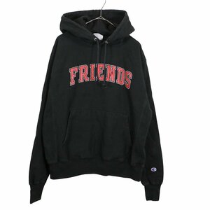 Champion チャンピオン 英文字プリント リバースウィーブパーカー 刺繍 フーディー FRIENDS ブラック (メンズ M) 中古 古着 O3544