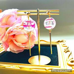 Art hand Auction ☆Windspiel-Ohrringe rosa☆ Ohrringe Handgefertigte Accessoires Damen-Perlenohrringe Schwankende süße rosa japanische Accessoires, handgefertigt, Accessoires (für Damen), Ohrringe, Ohrringe