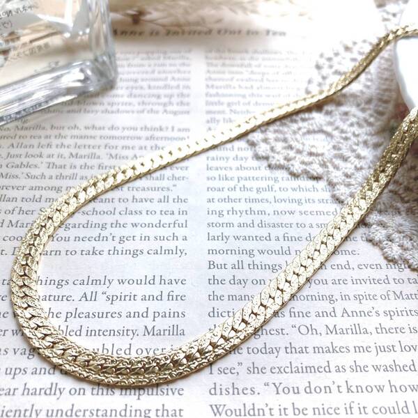 ゴールドチェーンネックレス 平たいチェーン シンプル 美品★Vintage jewelry accessories A465