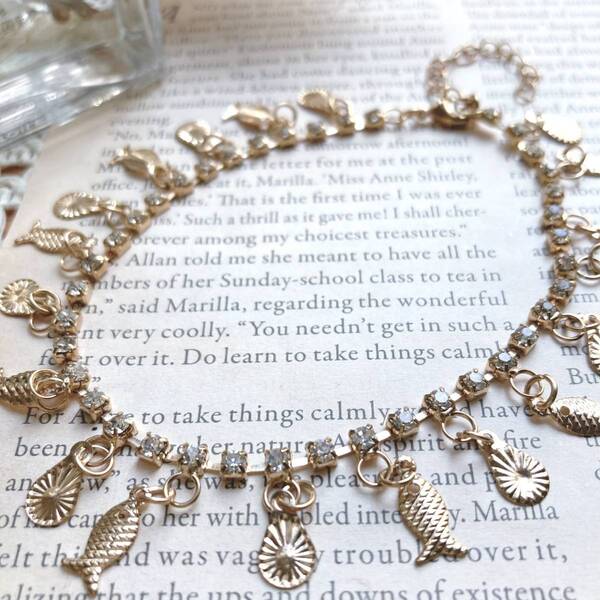 ブレスレット ラインストーン ゴールドチャーム fish drop 美品★Vintage jewelry accessories A468