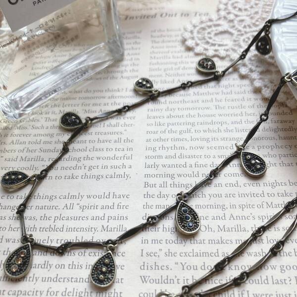 アンティーク調ロングネックレス ドロップチャーム ストーン 金古美☆Vintage jewelry accessories A572