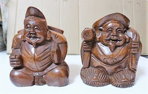 ▲は-711 木彫　えびす様　大黒様　中古　置物　縁起物　開運　インテリア　寸法は画像下参照