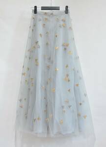 Christian Dior クリスチャンディオール BEE刺繍 チュール ロング スカート F36 グレー Y-321003