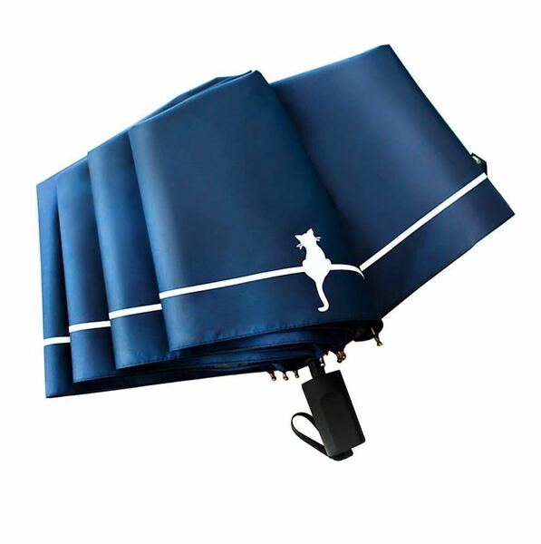 折りたたみ猫傘 青色 晴雨兼用 日傘 UPF50+ 95cm 軽量 収納ポーチ かわいい 可愛い 猫柄 紫外線対応 コンパクト 頑丈