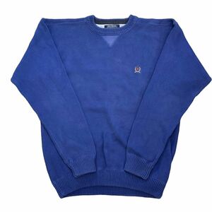 90s TOMMY HILFIGER コットン ニット セーター ブルー XL ワンポイント 刺繍 ヴィンテージ トミー ヒルフィガー
