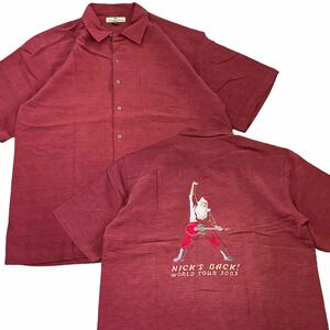 00s Tommy Bahama オープンカラーシャツ L バーガンディ 半袖 シャツ シルク アロハシャツ 開襟 ボックス型 サンタクロース ギター 刺繍