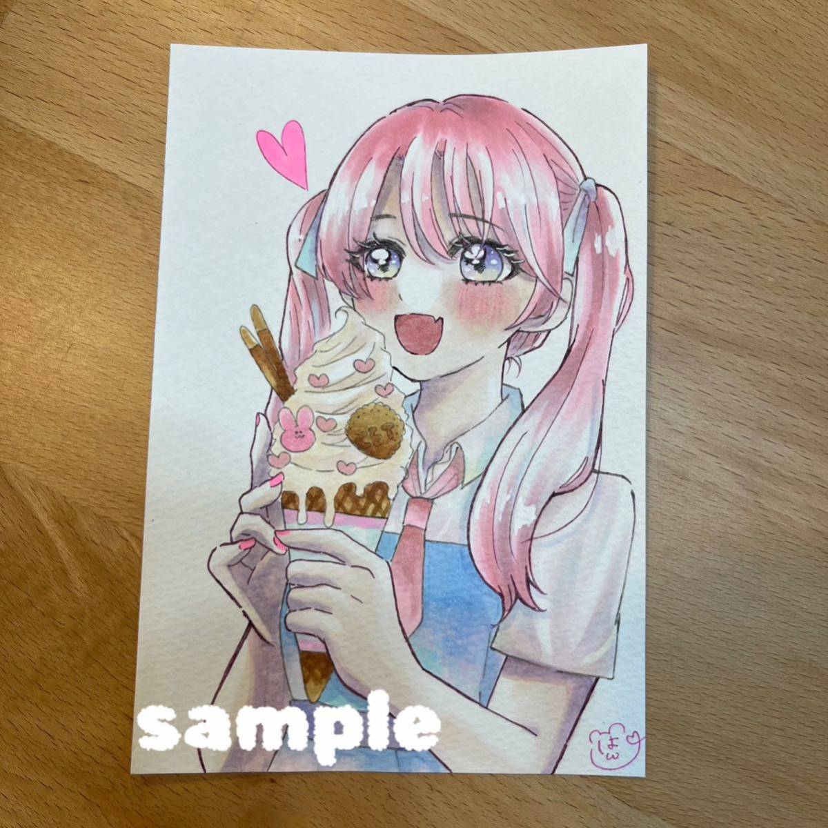 Hand-Drawn artwork illustration handwritten original analog girl Copic postcard size illustration ice cream summer, comics, anime goods, hand drawn illustration