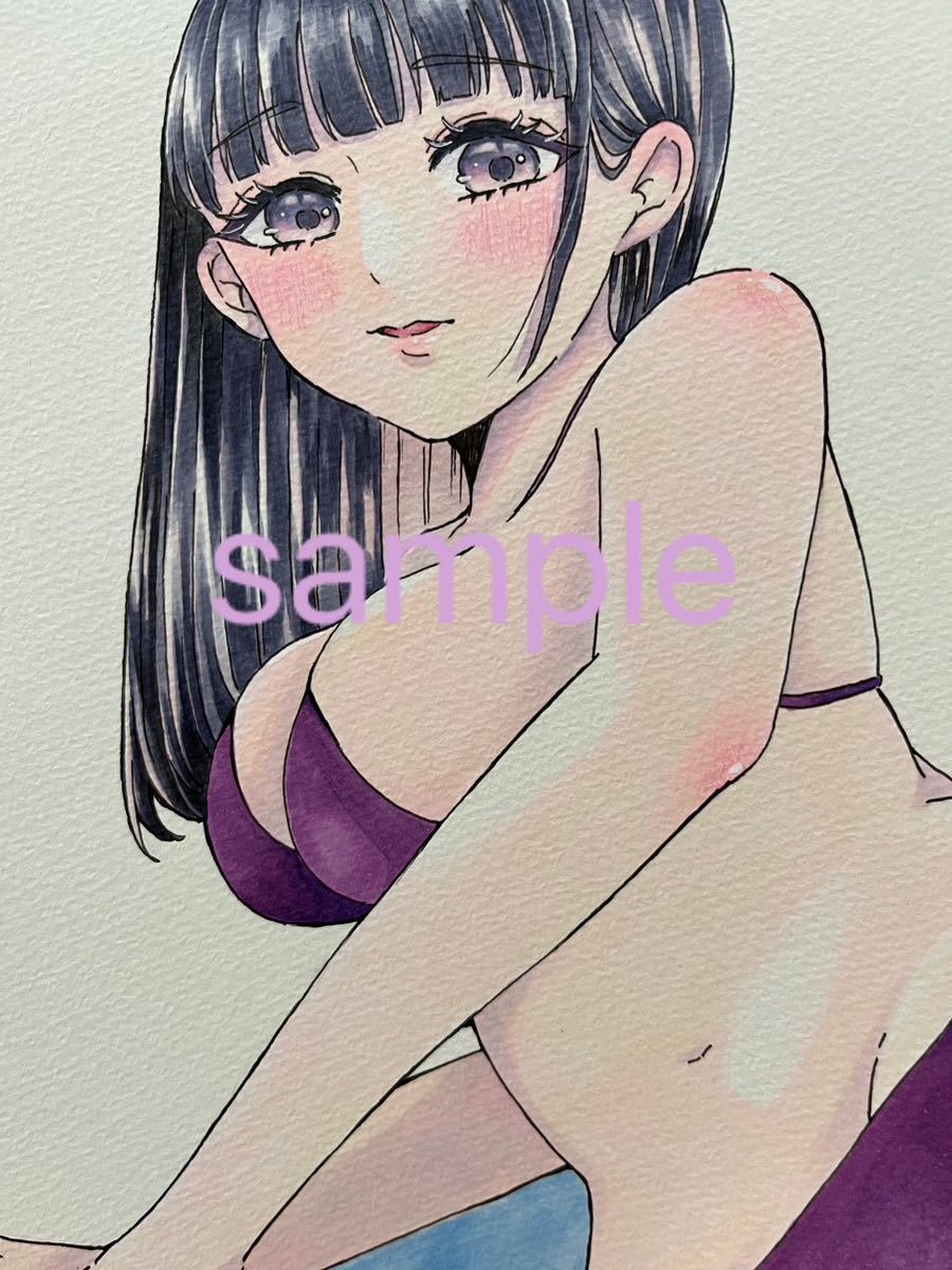 Hand-drawn illustration original girl beautiful girl black hair swimsuit analog cute Copic, comics, anime goods, hand drawn illustration