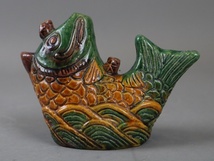 中国美術 唐三彩 魚型 水滴 鯉 書道具 水注 細密細工 古美術品[b971]_画像7