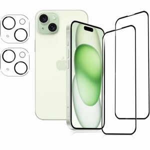 iPhone 15 Plus ガラスフィルム カメラフィルム 保護フィルム 硬度9H 高透過率 【2+2枚セット】キズ防止 気泡