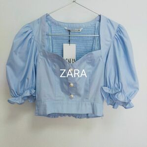 ZARA フロント真珠ボタンパフスリーブシャーリングバックブラウス