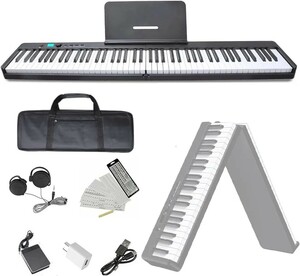 電子ピアノ 88鍵盤 折り畳み式 SWAN-X 黒 ピアノと同じ鍵盤サイズ コンパクト 軽量 充電型 MIDI対応 ペダル ソフトケース 鍵盤シール