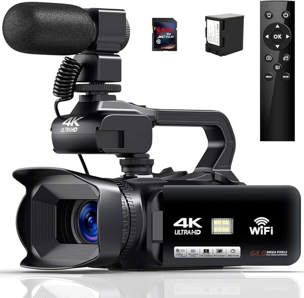 ビデオカメラ4K 60FPSAFオートフォーカスウルトラHD 64.0MP YouTubeカメラWIFI機能18Xデジタルズームビデオカメラ 4.0インチのタッチス