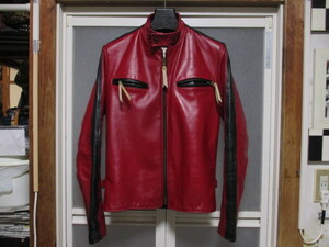 希少 ヴィンテージ EXCELLED 赤×黒 シングルライダースジャケット 肉厚 牛革 立ち襟 スタンドカラー クリーニング済み BIKER CHOPPER