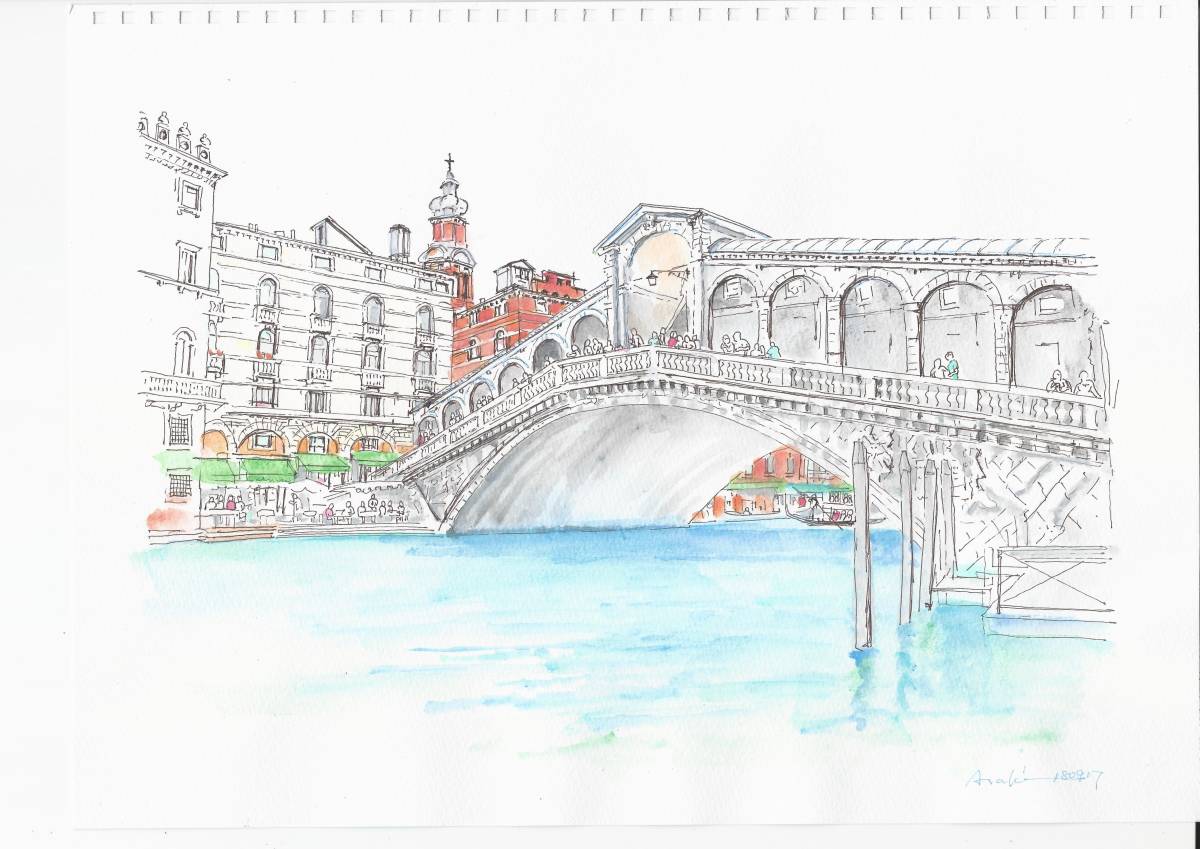 Paysage urbain du patrimoine mondial, Italie, Pont du Rialto à Venise, aquarelle, Papier à dessin F4, peinture originale, Peinture, aquarelle, Nature, Peinture de paysage