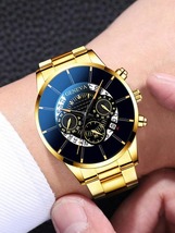 腕時計 メンズ セット 1個 男性 ゴールデン 亜鉛合金 ストラップ ビジネス カレンダー 丸い ダイヤルクォーツウォッチ & 1_画像3