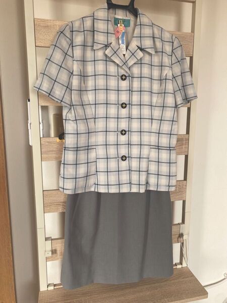 SELERY 水色チェック半袖オーバーブラウス OL制服 9R ⑦