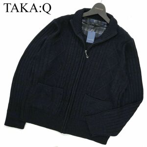 【新品 未使用】 TAKA:Q タカキュー 秋冬 ウール混★ アラン編み ニット ブルゾン ジャケット Sz.L　メンズ ネイビー　A3T10680_9#N