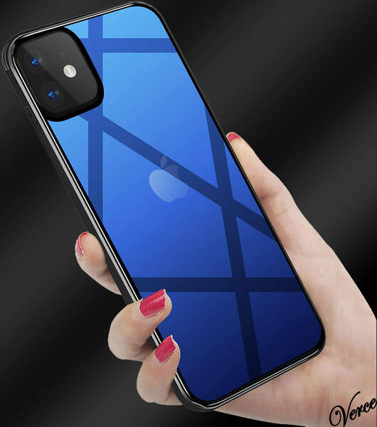 【鮮やかなブルー透明グラデーション】 背面ガラスケース iPhone 12 Pro Max 6.7インチ TPU ストラップホール 耐衝撃 指紋防止 グリップ