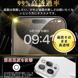 各2枚セット 日本旭硝子製素材 iPhone 15 Pro 画面 / カメラ ガラス フィルム カバー ガイド枠付き 9H硬度 高透過率 自動吸着 貼り付け簡単