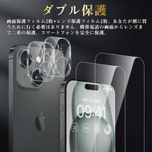 各2枚入り 日本製 旭硝子 素材 iPhone 15 画面 / カメラ ガラス フィルム カバー ガイド枠付き 9H硬度 高透過率 自動吸着 貼り付け簡単_画像5