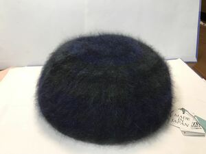 【美品】milsa ウール ベレー帽 57.5cm 紺×緑 チェック柄 サイズ調整可 日本製 ふわふわ【送料無料】