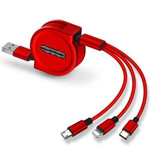 3台同時充電ケーブル 3 in 1 Type -C/Lightningコネクタ/MicroUSB 巻取 充電 ケーブル リール レッド