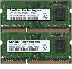 SanMax Technologies DDR3-1600 (PC3-12800S) 4GBx2枚 合計8GB ノートPC用 SMD3-S4G28HA-16K 両面実装(1Rx8) 動作確認済【中古】H624