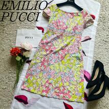 【美品】EMILIO PUCCI プッチ柄ワンピース 半袖 フレア グリーン エミリオプッチ M 総柄_画像1