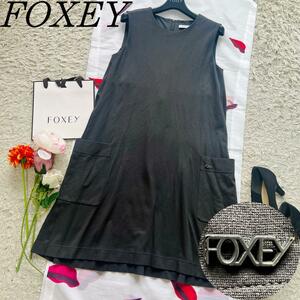 【良品】FOXEY NEW YORK フレアワンピース グレー 38 ロゴ フォクシーニューヨーク M ノースリーブ Aライン