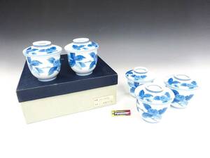 ◆(KZ) 昭和レトロ 未使用 むし茶碗揃 5客セット 木花絵 蒸茶碗揃 5客揃 25-3455 陶器 工芸品 ヴィンテージ コレクション 来客用 居酒屋