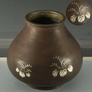 B16973 銅製 象嵌桐文花瓶 1479ｇ：真作