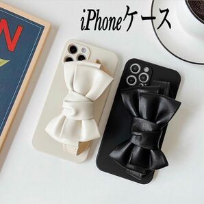 iPhoneケース レザー調リボン オシャレ ブラック or ホワイト スマホスタンド