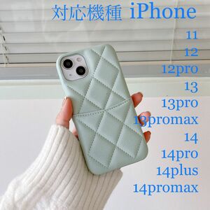 ミント色キルティングケースiPhone11.12.13.14シリーズ迄各機種対応新品未使用即発送