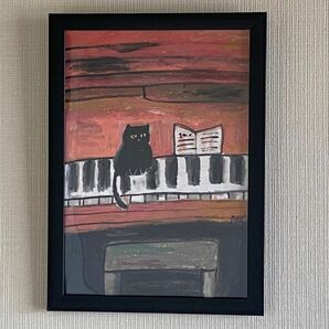 絵画。壁掛け原画【ピンクのピアノ童話とかわいい黒猫】