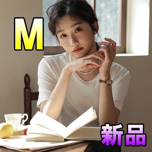 【大人気につき在庫わずか!次入荷未定!最終値下げ!新品未使用】レディースホワイト M Tシャツ 半袖 無地 チュニック カットソー