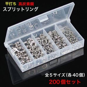 スプリットリング 平打ち 高炭素鋼 5サイズ 200個セット(各サイズ40個)専用ケース付 ■送料無料■