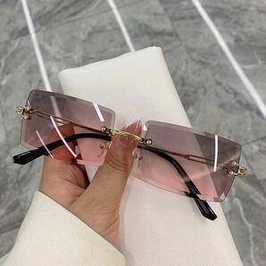 新品 リムレス カラー サングラス ピンク UV400 眼鏡 長方形 スクエア ゴールド フレーム レス グラス メガネ レトロ