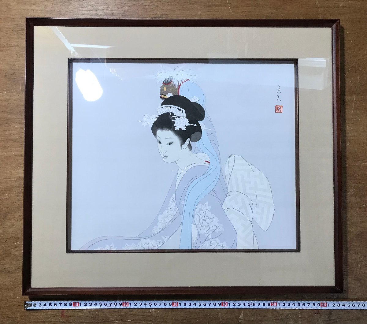 BA339 ■ Frais de port inclus ■ Tatsumi Shimura Miroir Lion Impression sur bois Belle femme Danse du lion Femme Impression moderne Signé Authentique Zammaido Peinture encadrée Beaux-arts 2, 2 kg / KuYu, Ouvrages d'art, Impressions, impression sur bois