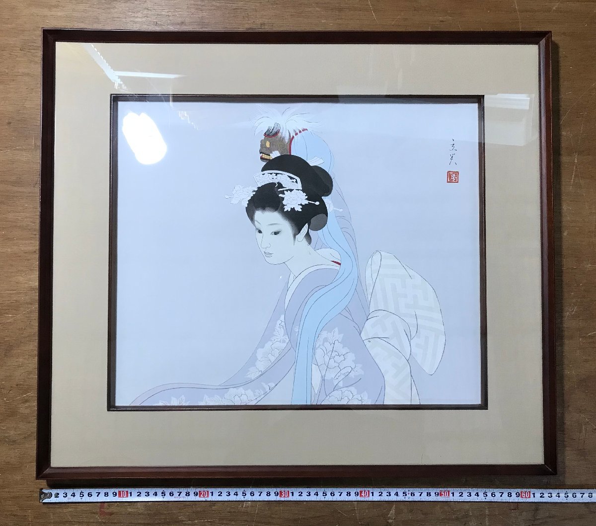 BA339 ■含运费■ 志村達美 镜子狮子木版画 美女舞狮女人现代版画 签名正品 Zammaido 裱框画 美术 2.2 公斤 /KuYu, 艺术品, 印刷, 木版画